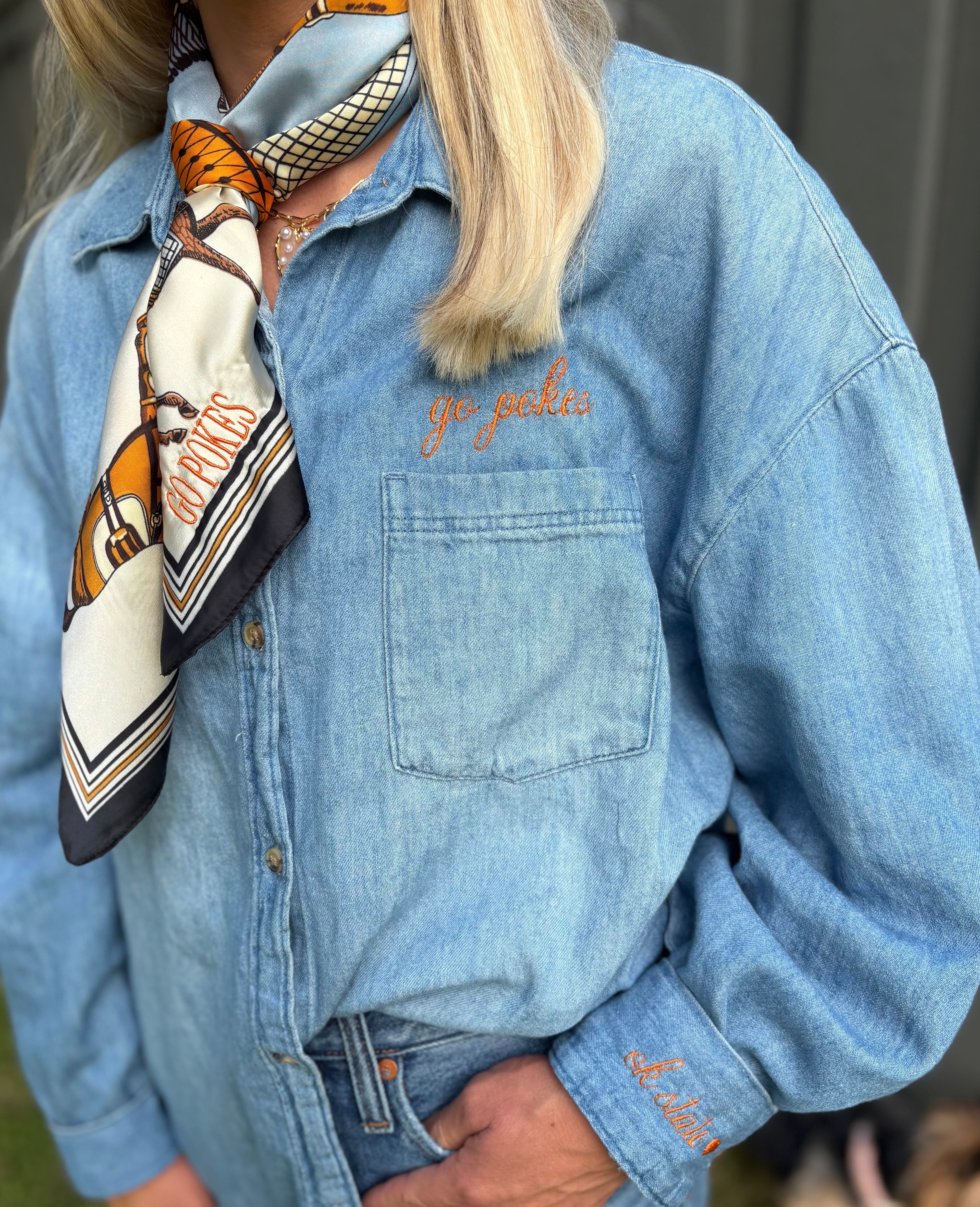 Women’s OSU Go Pokes Denim Button Down
