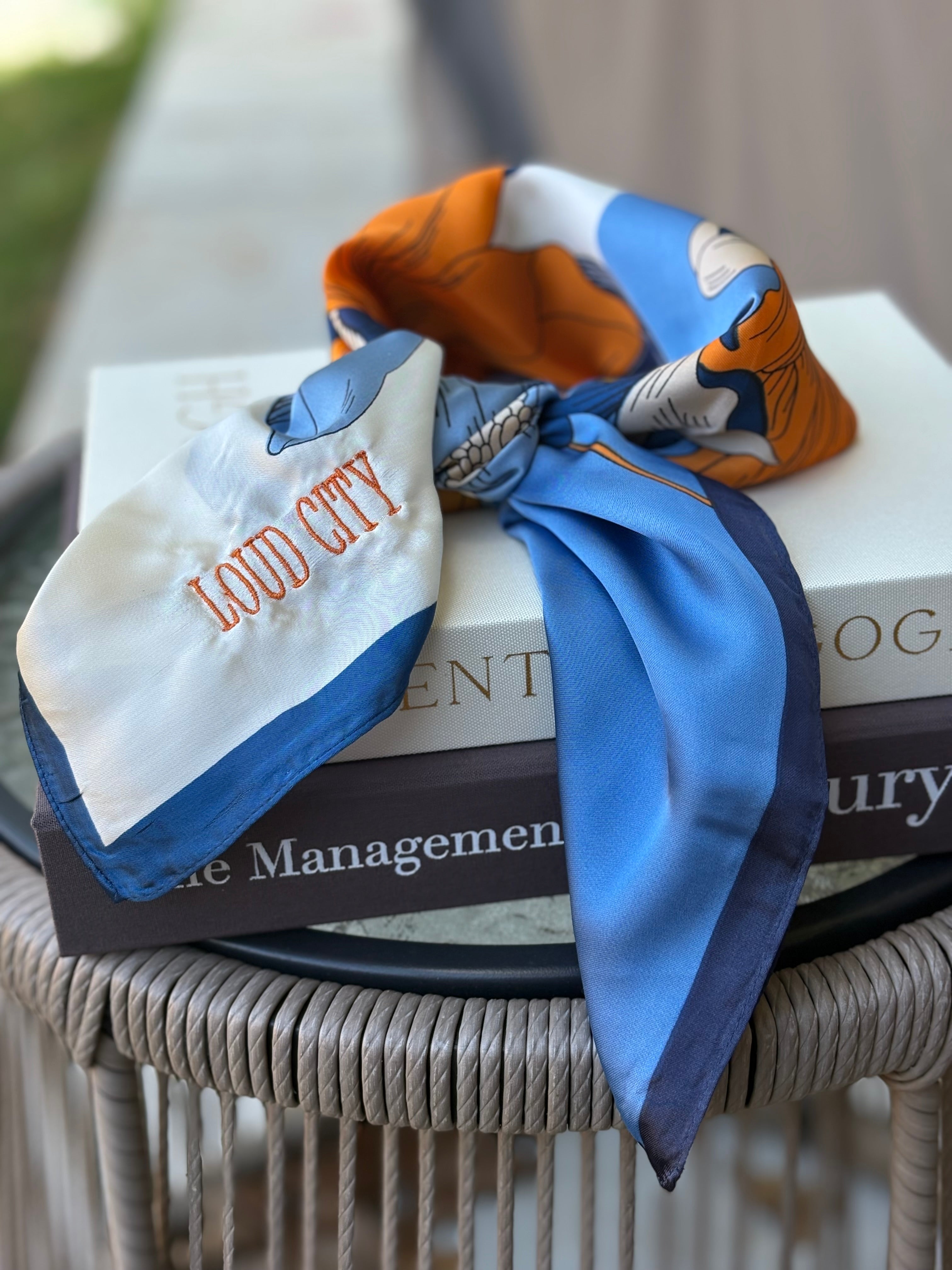 Embroidered OKC Thunder Playoff Floral Neck Scarf | Blue & Orange Faux Silk Game Day Bandana