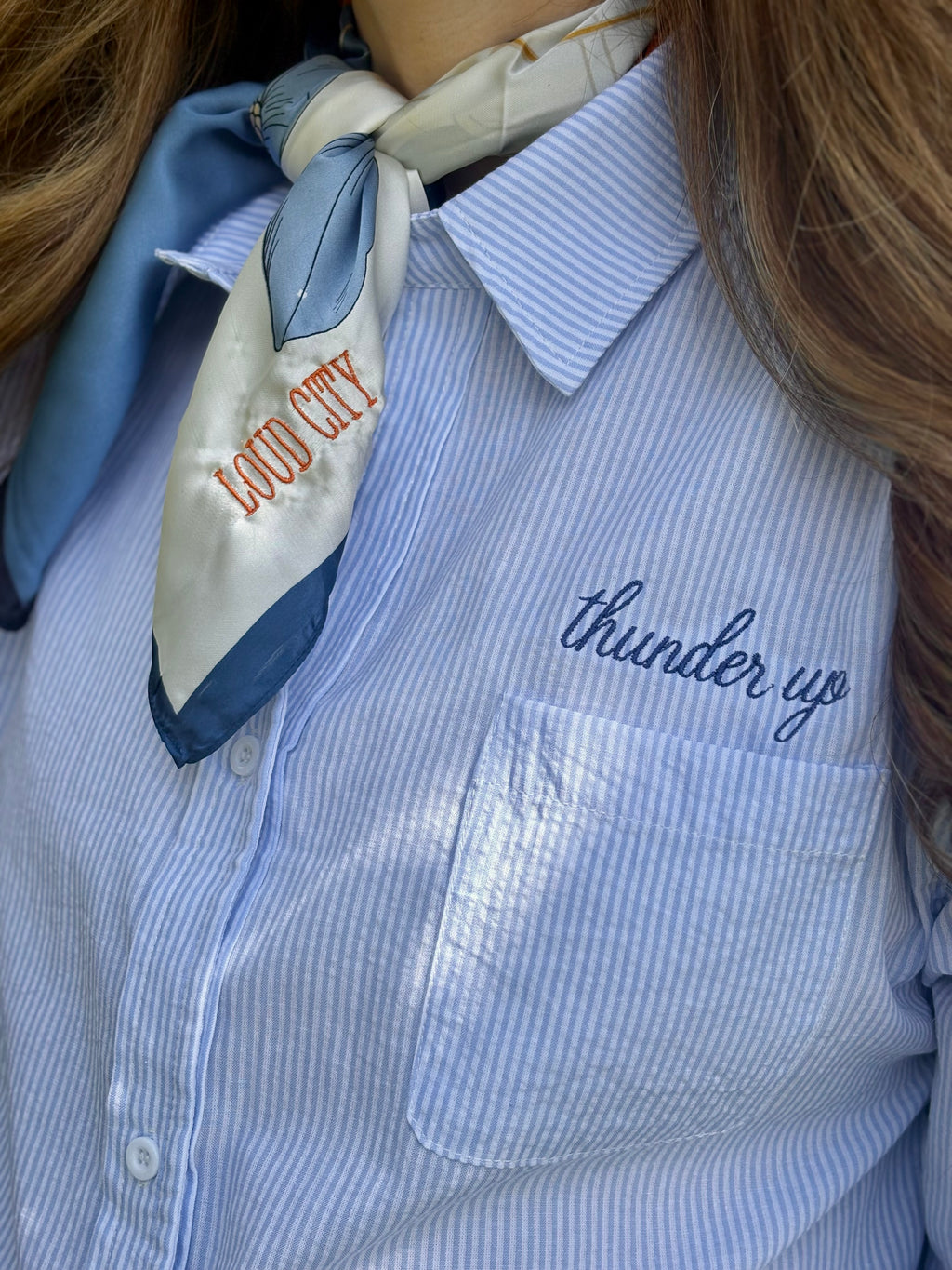 Women’s OKC Thunder Embroidered Button Down Game Day Shirt – Custom Striped Oversized Top