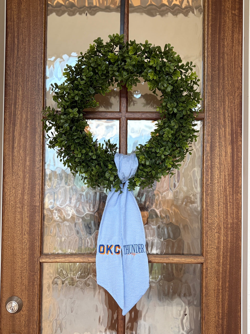 Light Blue OKC Thunder Wreath Sash | Personalized Light Blue Gingham Door Decor