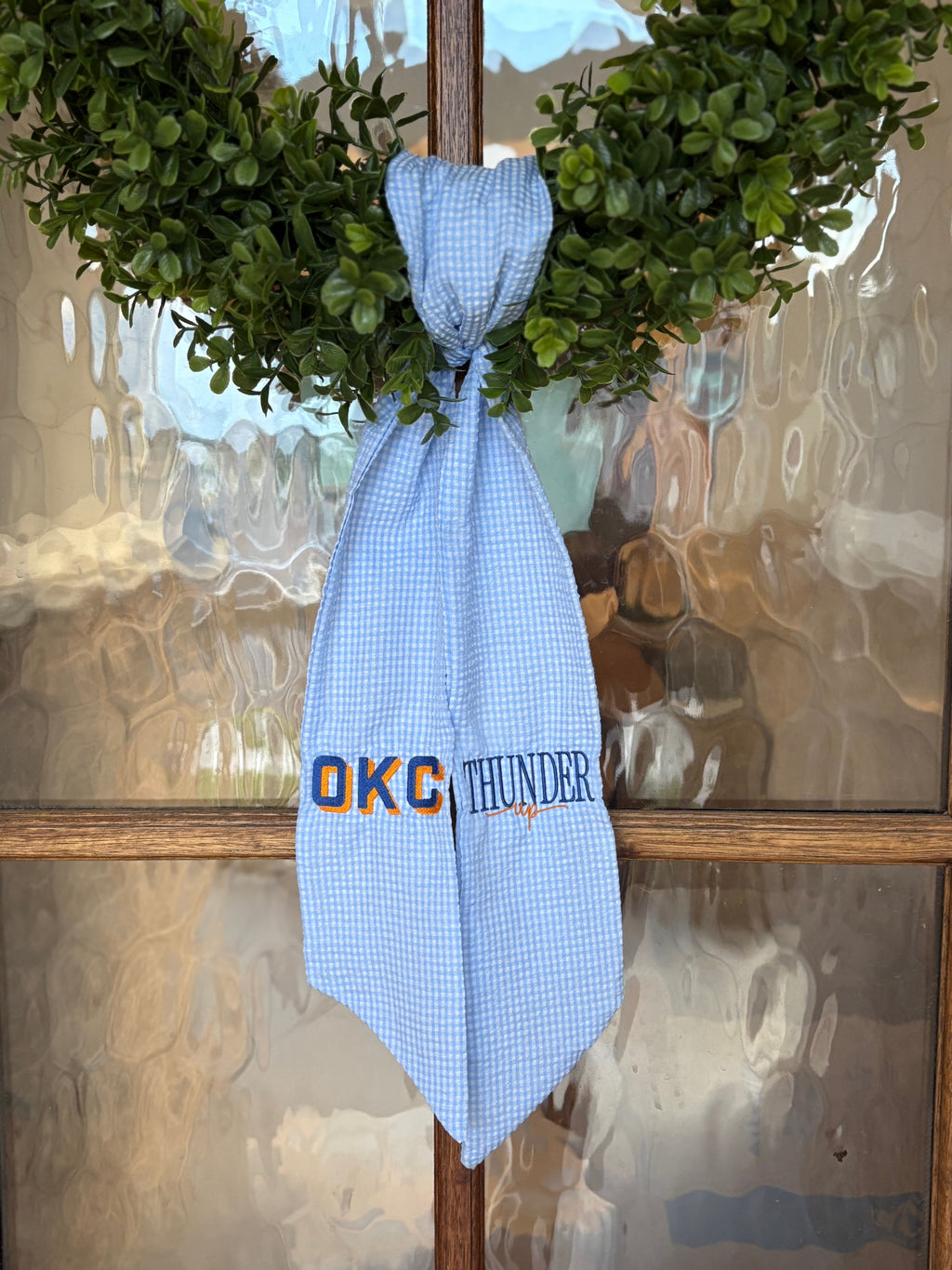 Light Blue OKC Thunder Wreath Sash | Personalized Light Blue Gingham Door Decor
