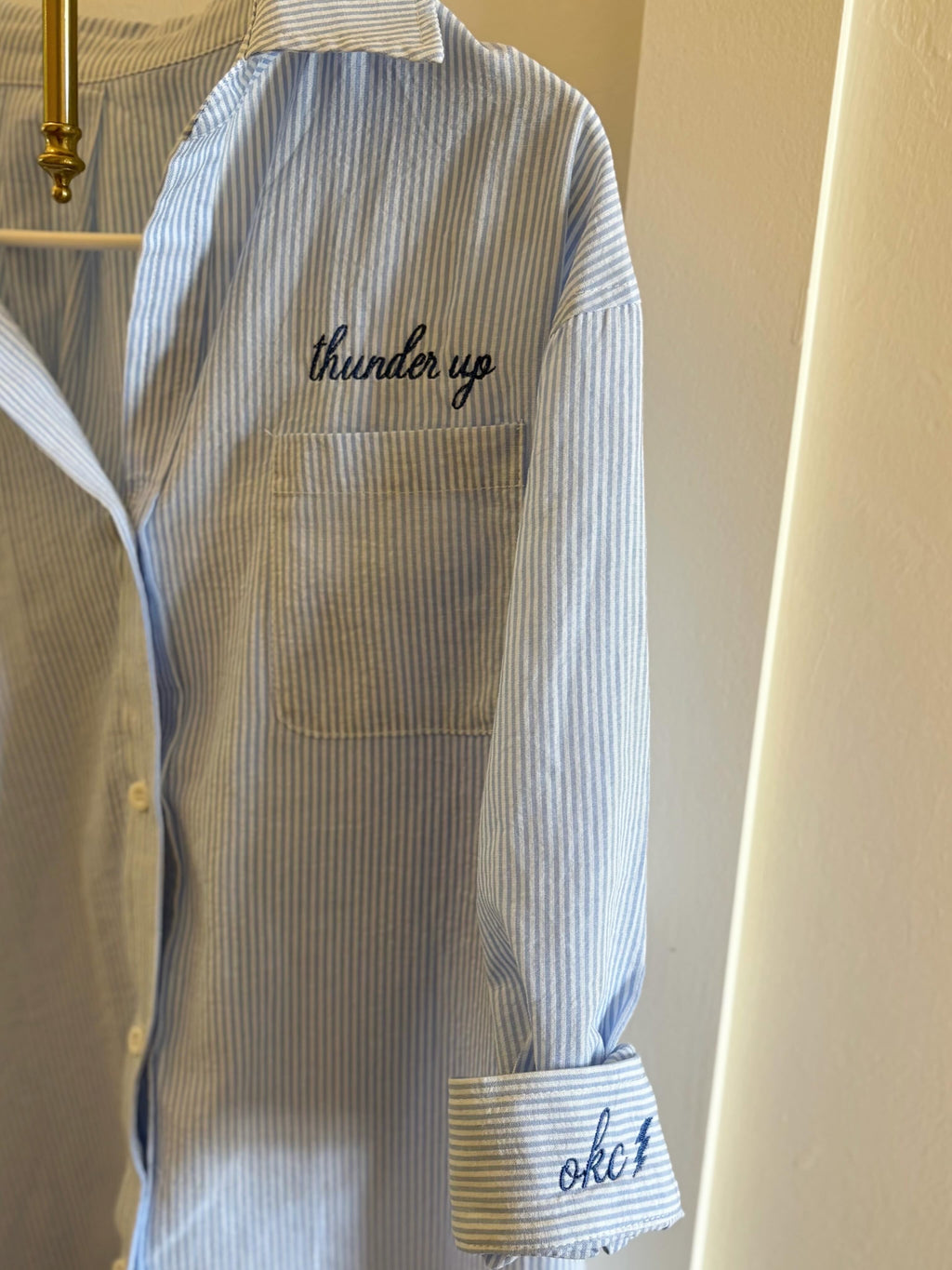 Women’s OKC Thunder Embroidered Button Down Game Day Shirt – Custom Striped Oversized Top
