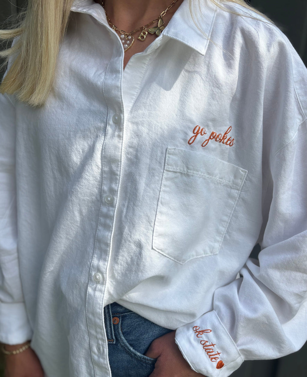 Women’s OSU Go Pokes Embroidered White Button Down