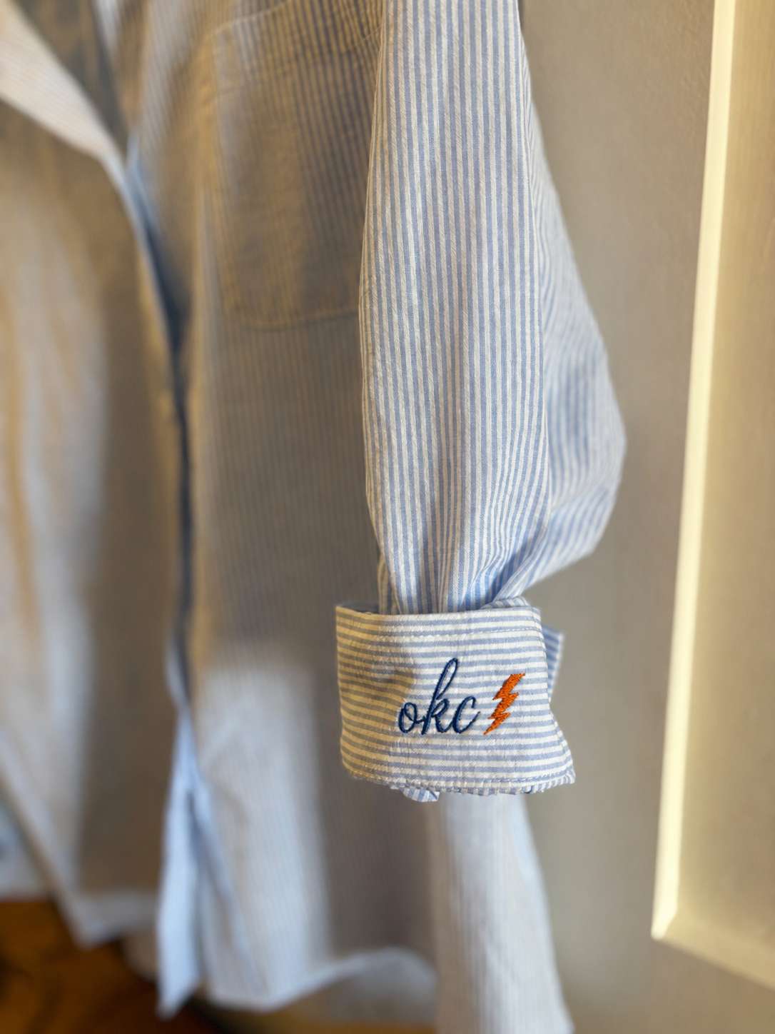 Women’s OKC Thunder Embroidered Button Down Game Day Shirt – Custom Striped Oversized Top