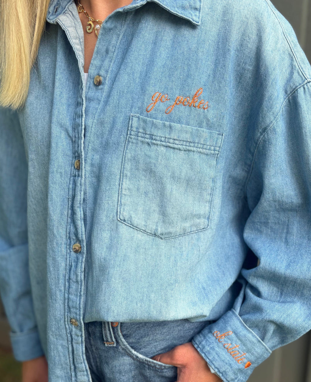 Women’s OSU Go Pokes Denim Button Down