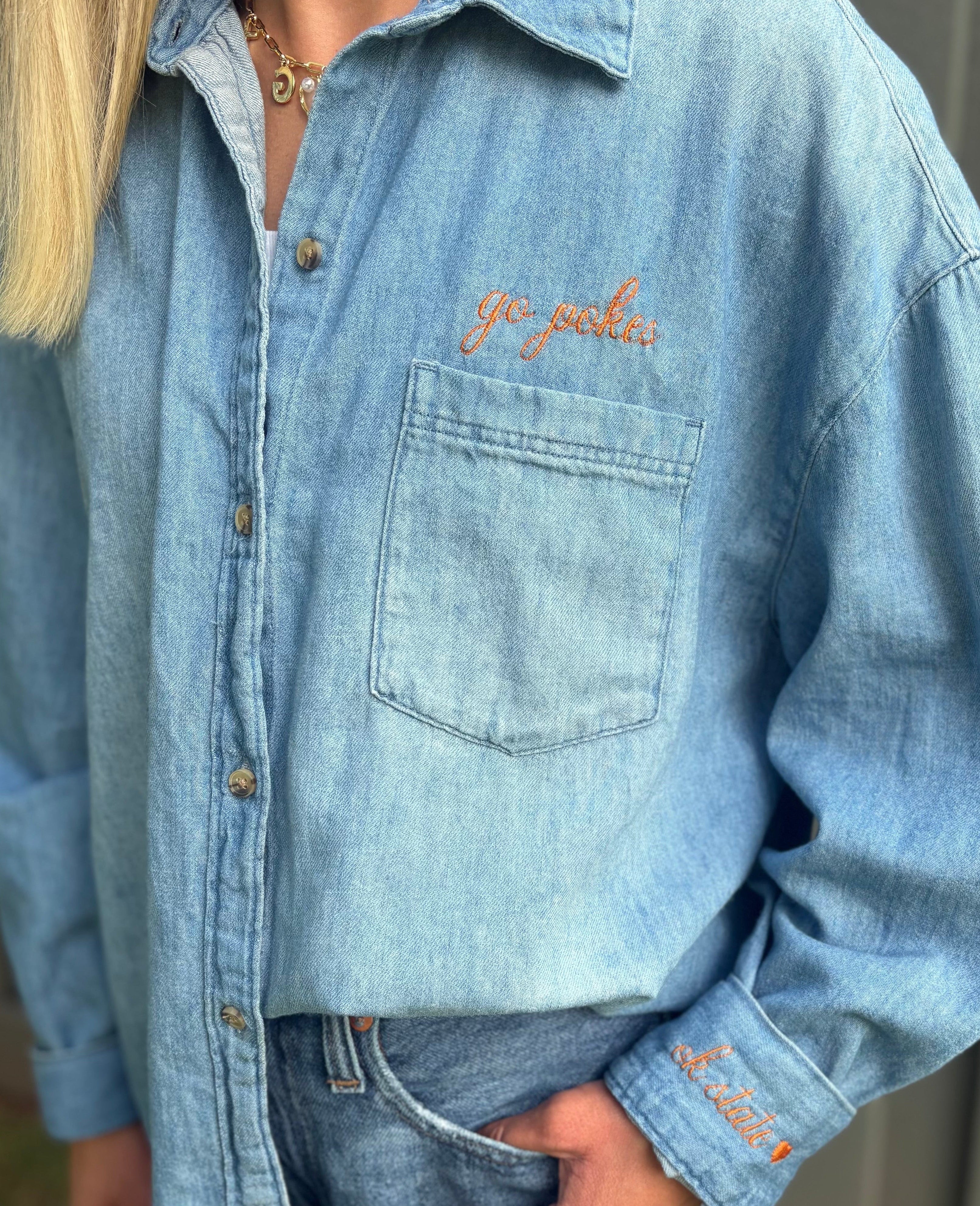 Women’s OSU Go Pokes Denim Button Down