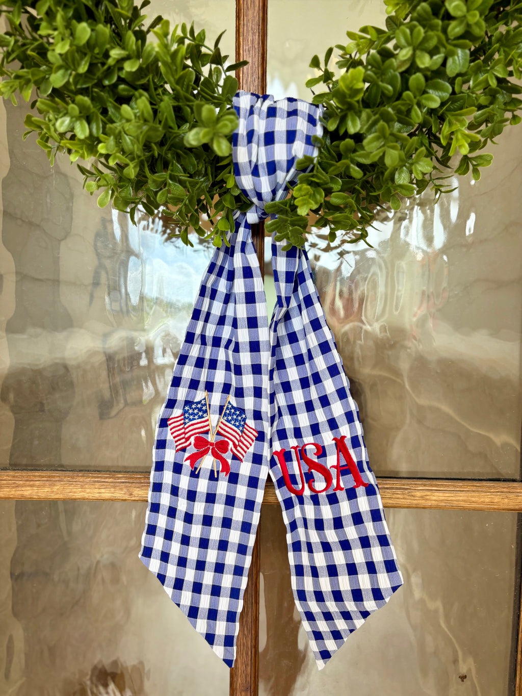 4th of July Wreath Sash | Customizable Navy Gingham Patriotic Decor | Independence Day
