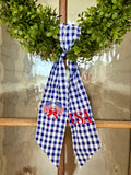 4th of July Wreath Sash | Customizable Navy Gingham Patriotic Decor | Independence Day