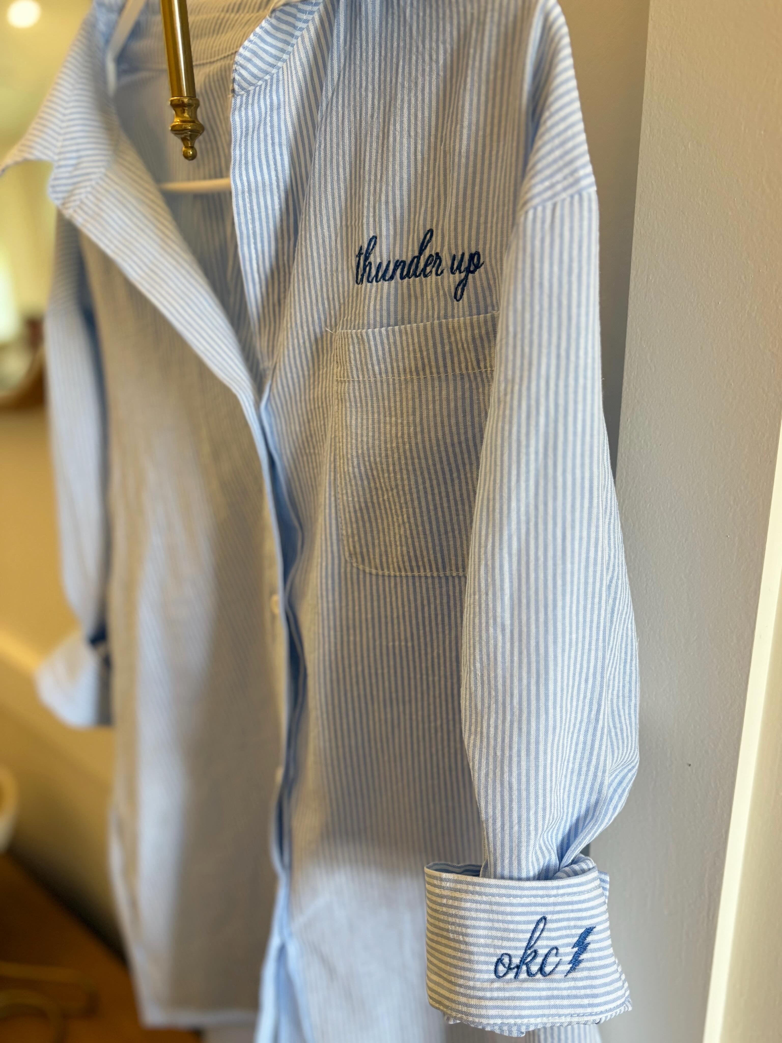 Women’s OKC Thunder Embroidered Button Down Game Day Shirt – Custom Striped Oversized Top